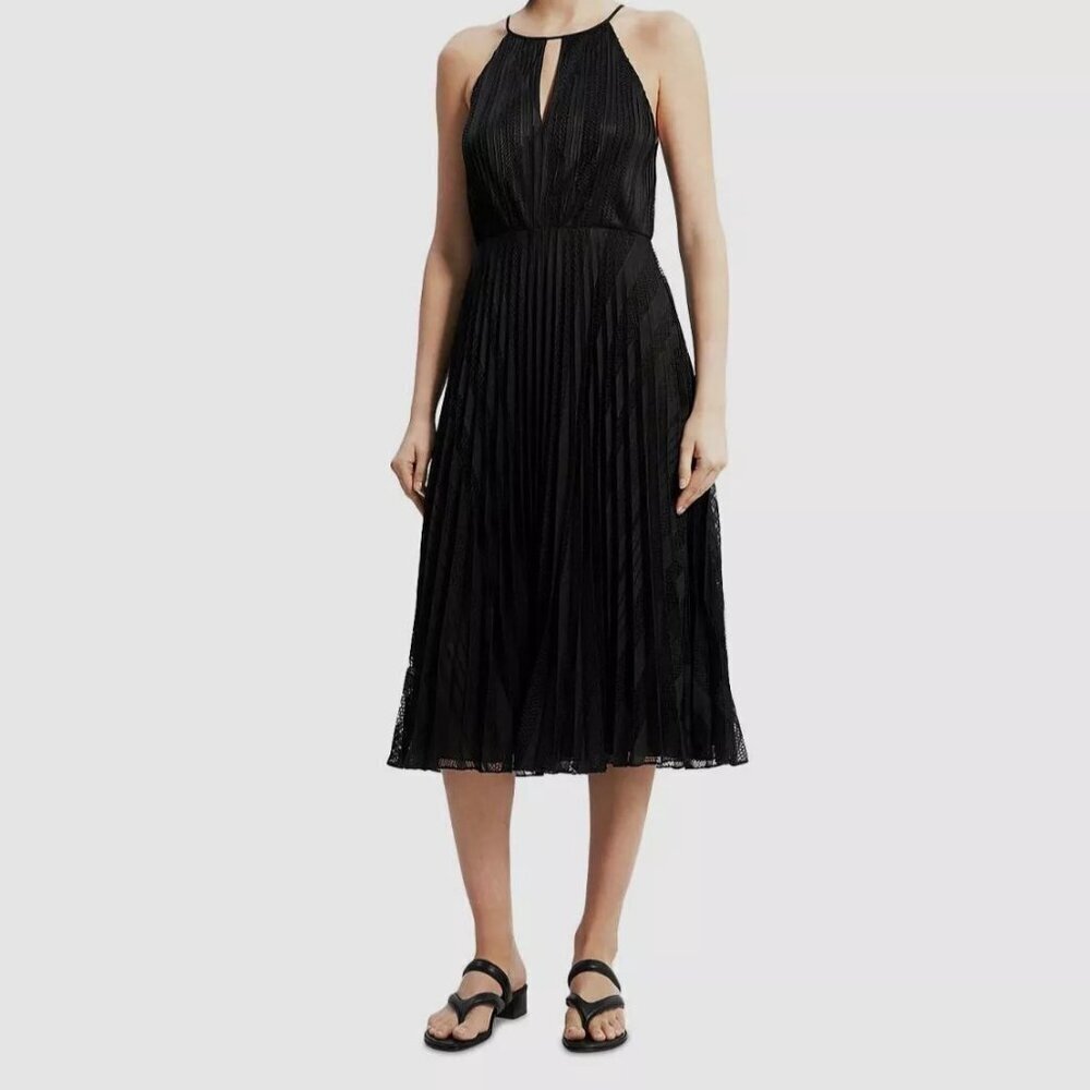 Theory Midi Pleated Dress 10 NWT Pleated Lace $595 Black High Neck Midi